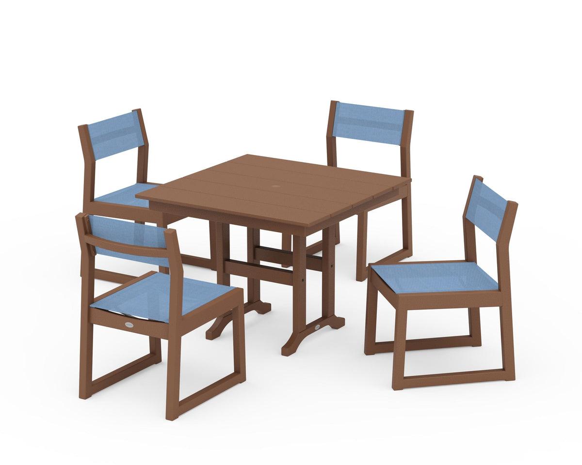 POLYWOOD EDGE Sling Side Chair 5-Piece Farmhouse Dining Set in Teak / Poolside