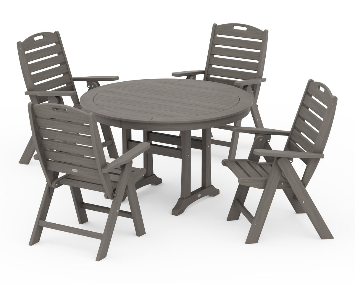 POLYWOOD Nautical Highback Chair 5-Piece Round Dining Set with Trestle Legs in Driftwood