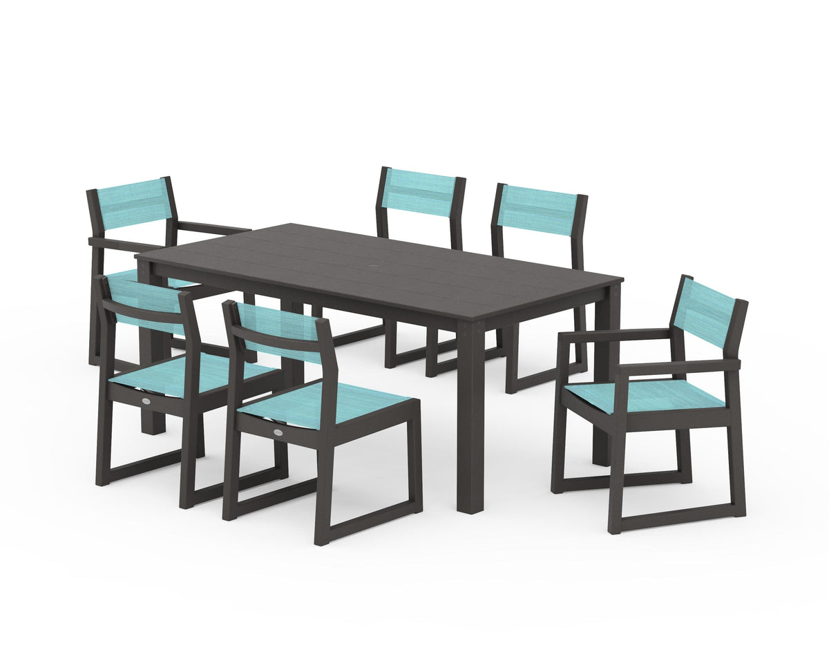POLYWOOD EDGE Sling 7-Piece Parsons Dining Set in Vintage Coffee / Dupioni Aquamarine