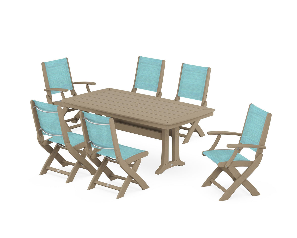 POLYWOOD Coastal Folding Chair 7-Piece Dining Set with Trestle Legs with Nautical Trestle 38" x 73" Dining Table in Vintage Sahara / Dupioni Aquamarine