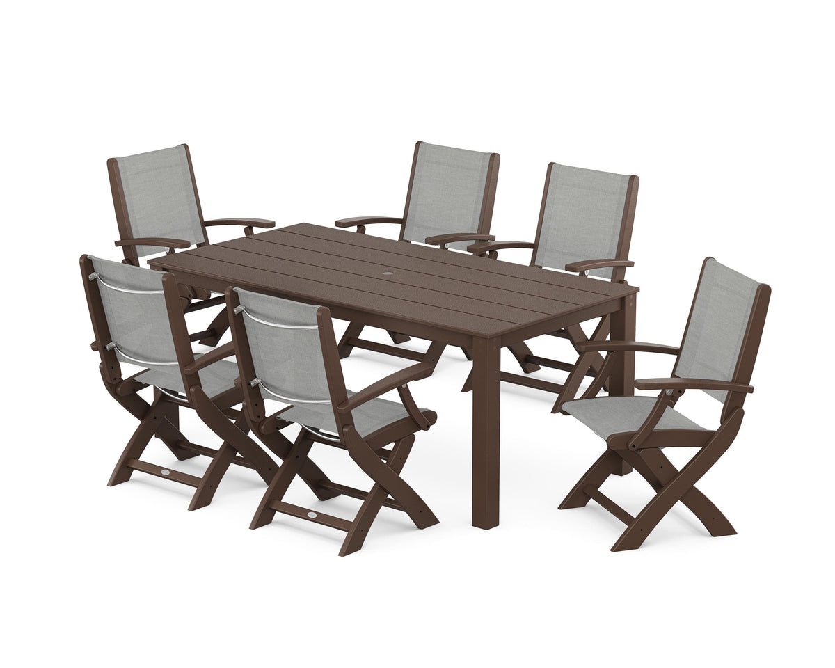 POLYWOOD Coastal Folding Chair 7-Piece Parsons Dining Set in Mahogany / Metallic