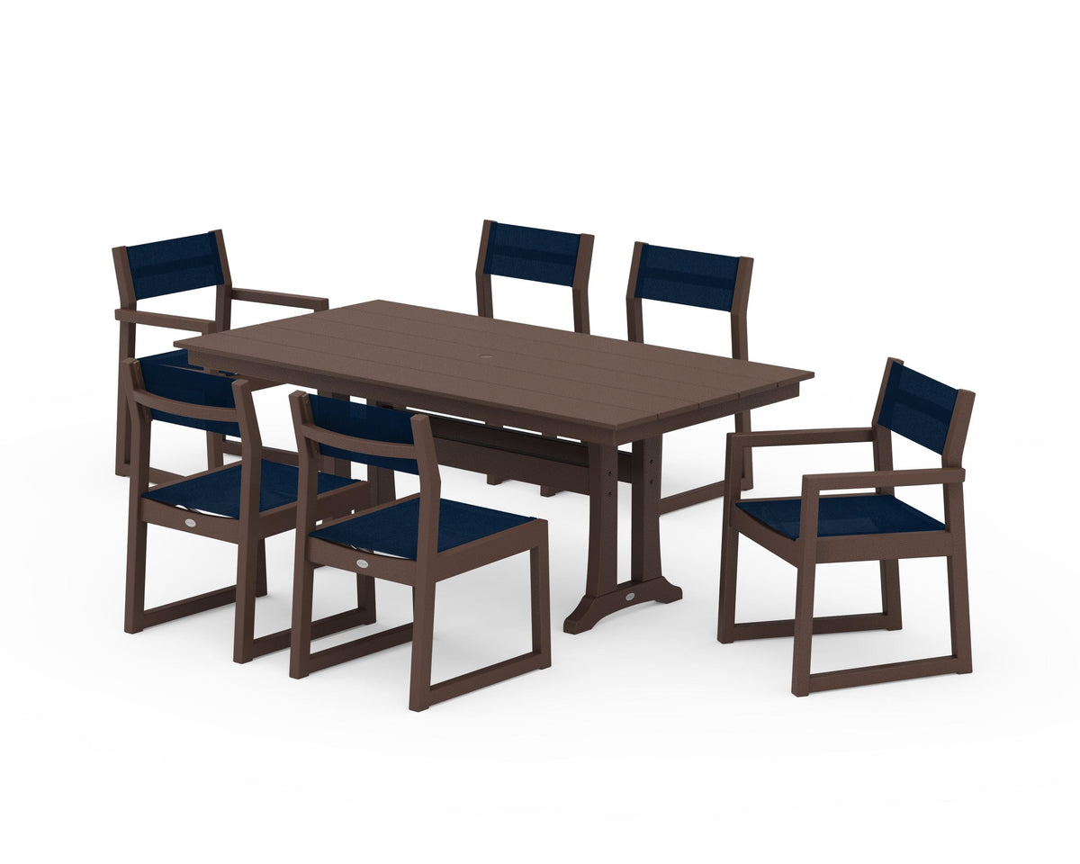 POLYWOOD EDGE Sling 7-Piece Farmhouse Trestle Dining Set in Mahogany / Navy Blue