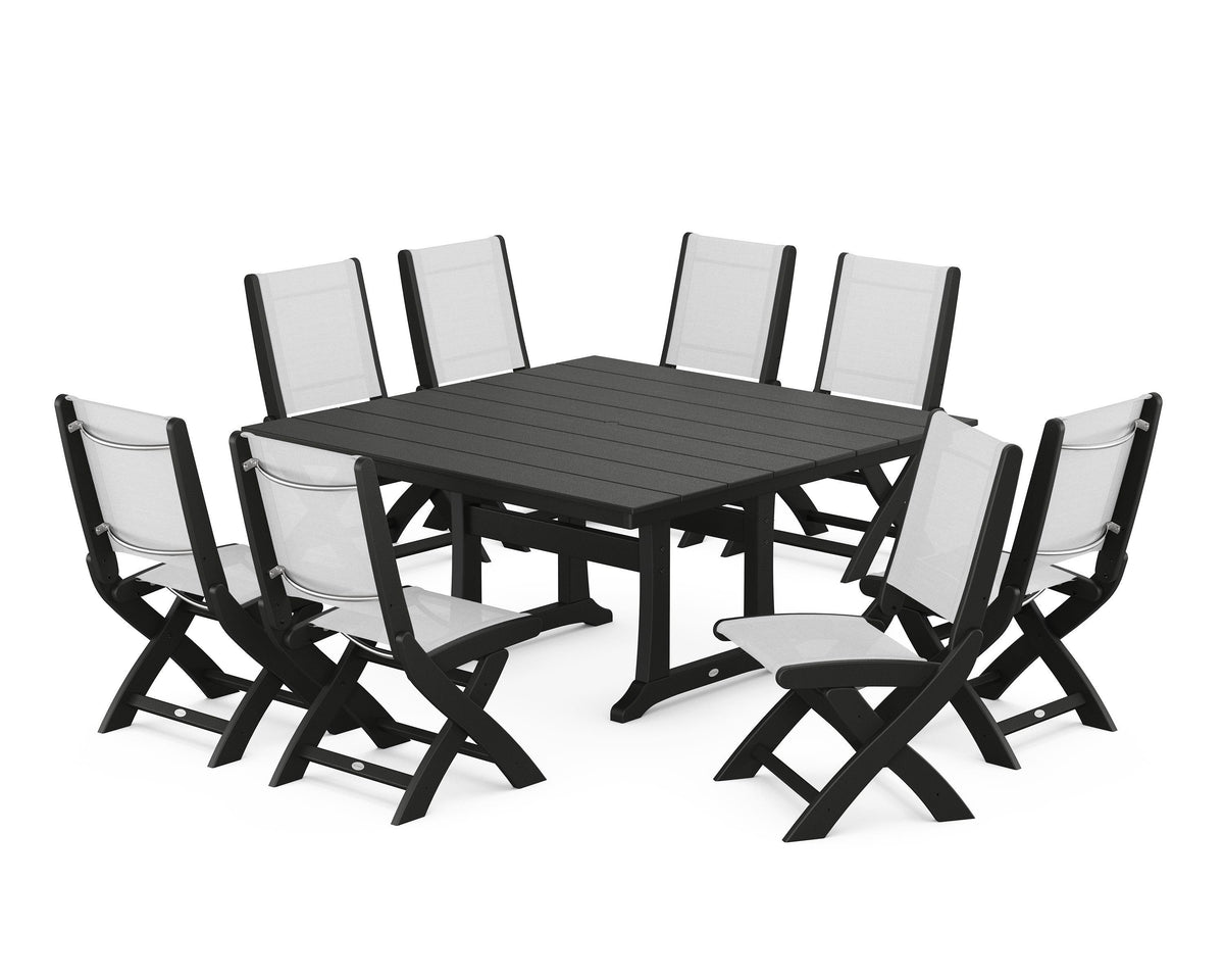 POLYWOOD Coastal Folding Side Chair 9-Piece Farmhouse Dining Set in Black / White