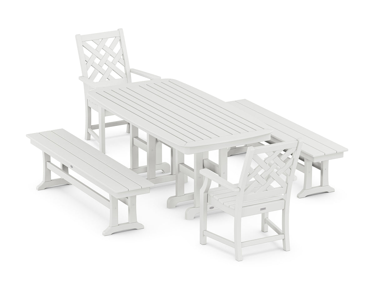 POLYWOOD Wovendale 5-Piece Dining Set with Benches in White