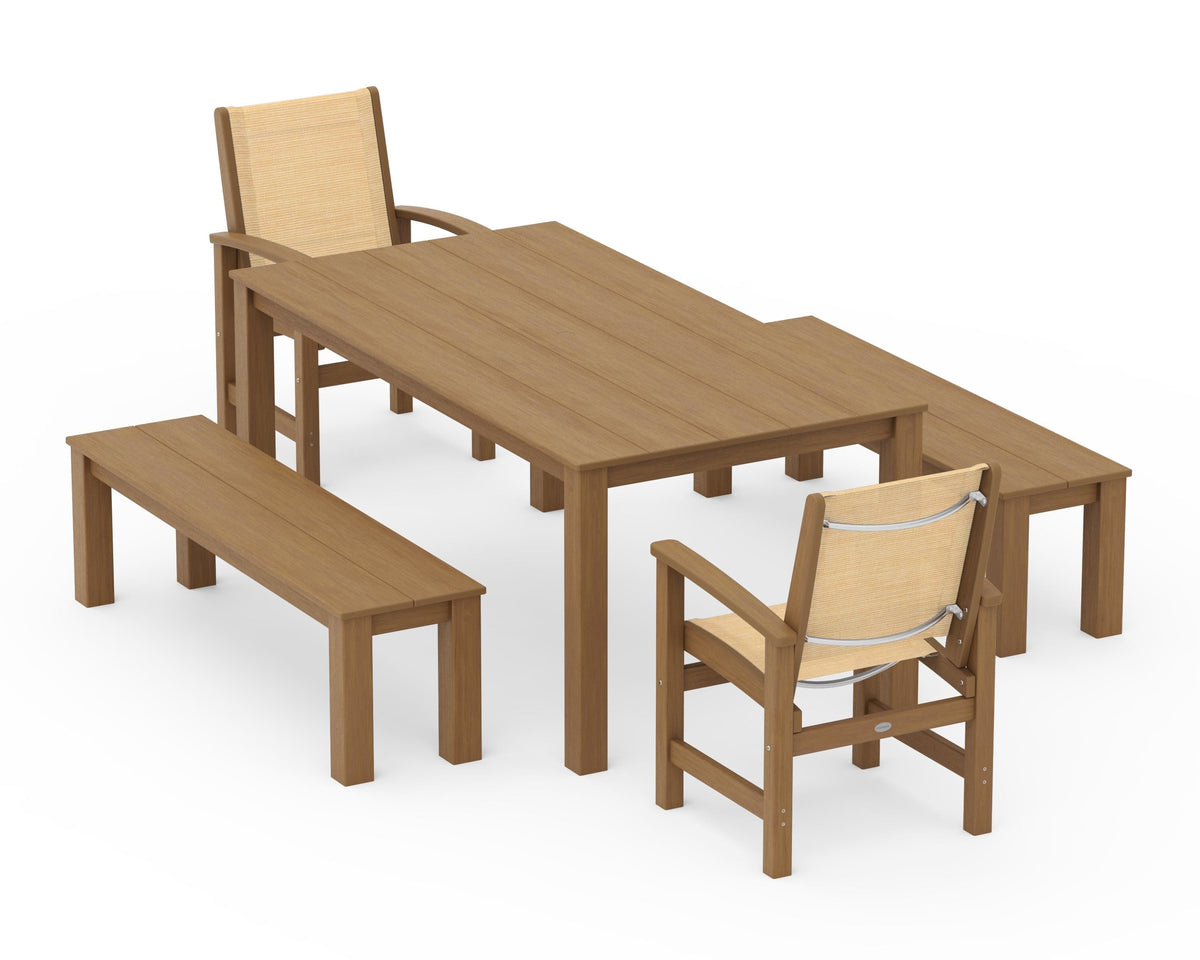 POLYWOOD Coastal 5-Piece Parsons Dining Set with Benches in Natural / Dupioni Apricot