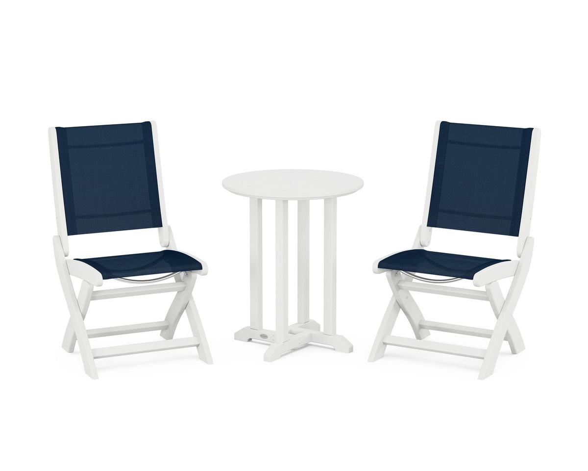 POLYWOOD Coastal Folding Side Chair 3-Piece Round Bistro Dining Set in White / Navy Blue