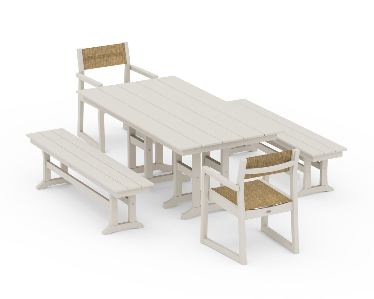 POLYWOOD EDGE Sling Arm Chair 5-Piece Farmhouse Dining Set with Benches in Sand / Burlap