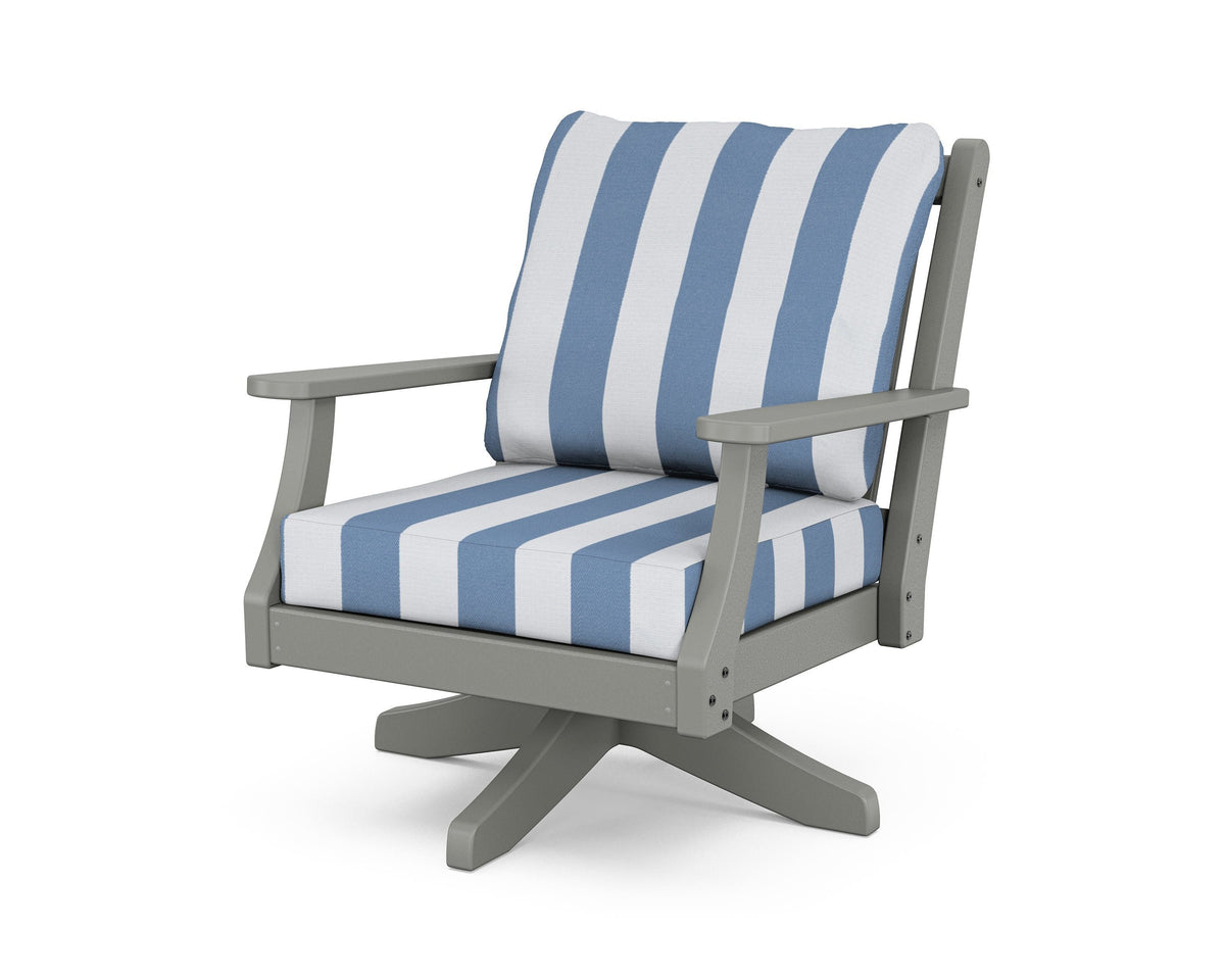 POLYWOOD Wovendale Deep Seating Swivel Chair in Slate Grey / Cabana Stripe Sky Blue