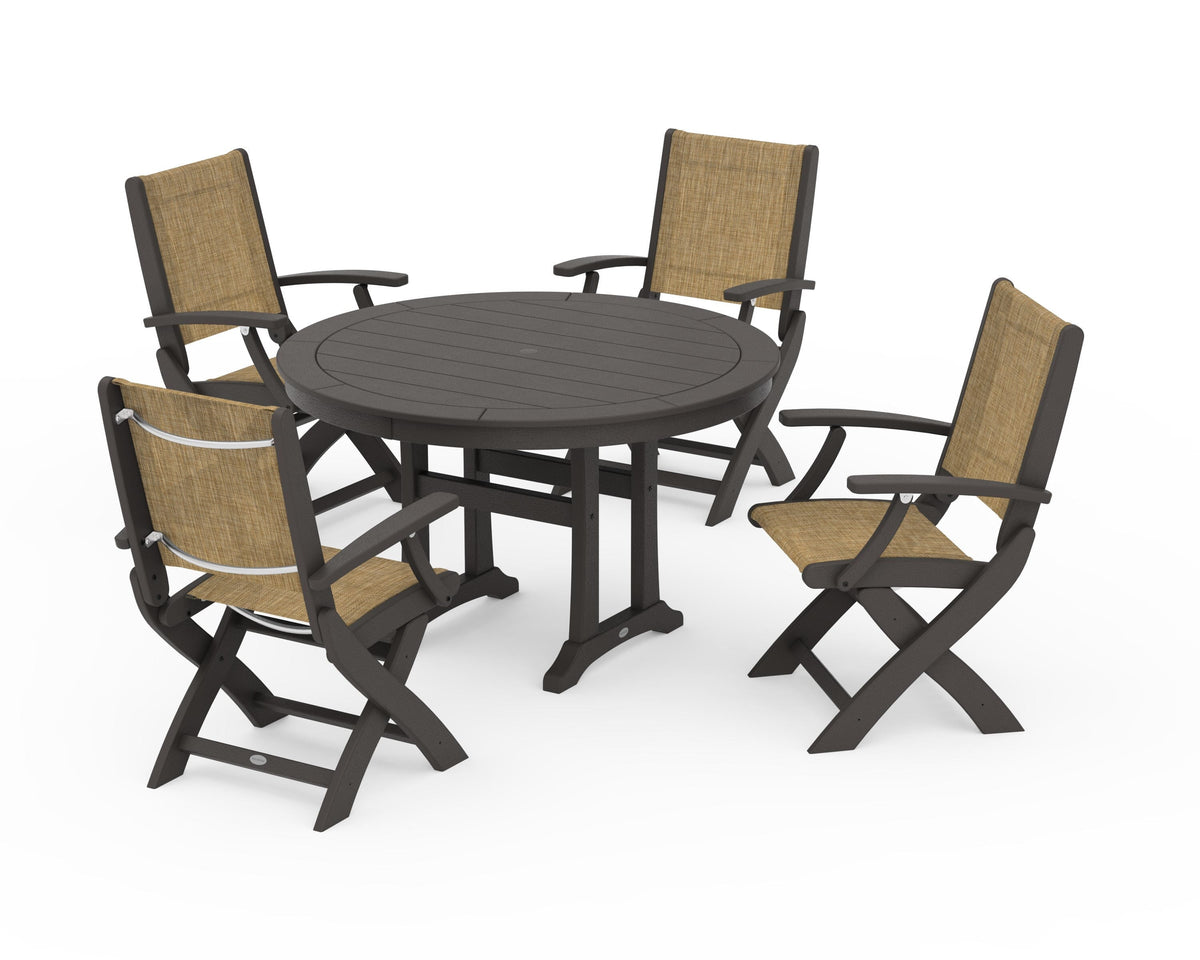 POLYWOOD Coastal Folding Chair 5-Piece Round Dining Set with Trestle Legs in Vintage Coffee / Burlap