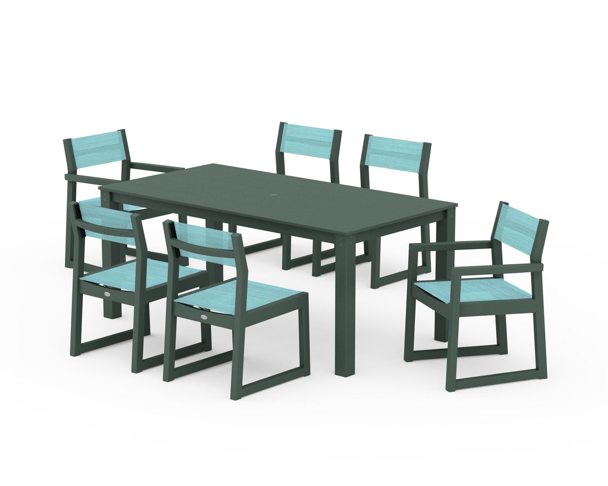 POLYWOOD EDGE Sling 7-Piece Parsons Dining Set in Green / Dupioni Aquamarine