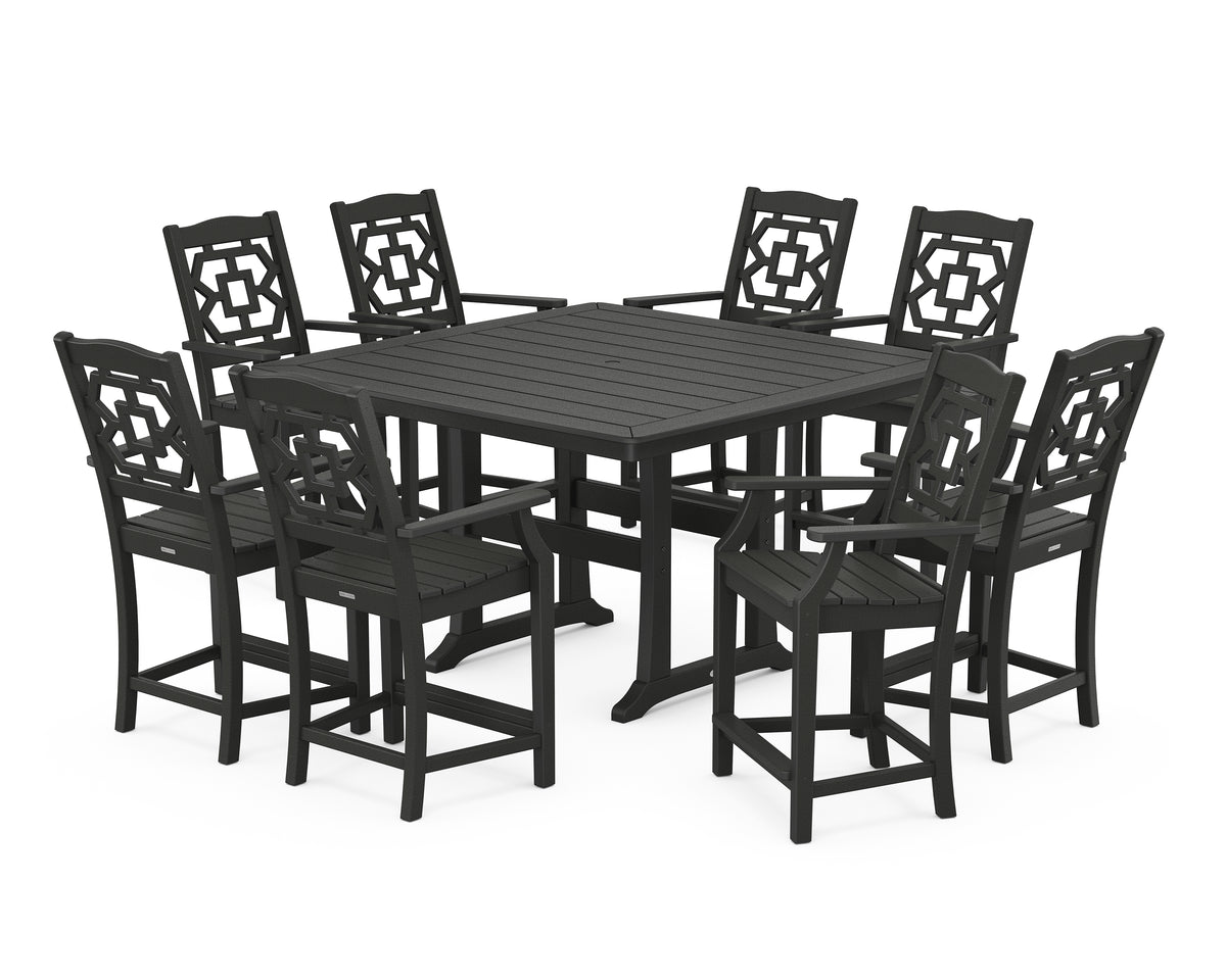 POLYWOOD Chinoiserie 9-Piece Square Counter Set with Trestle Legs in Black