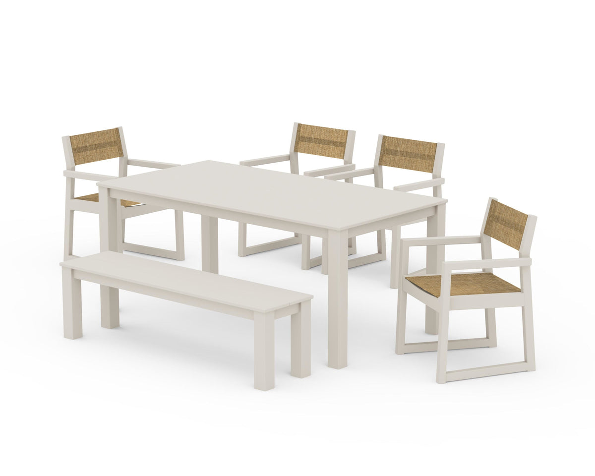 POLYWOOD EDGE Sling Arm Chair 6-Piece Parsons Dining Set with Bench in Sand / Burlap