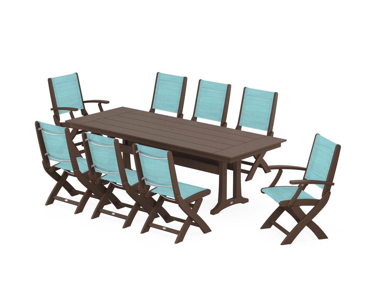 POLYWOOD Coastal 9-Piece Folding Dining Chair Farmhouse Dining Set with Trestle Legs in Mahogany / Dupioni Aquamarine