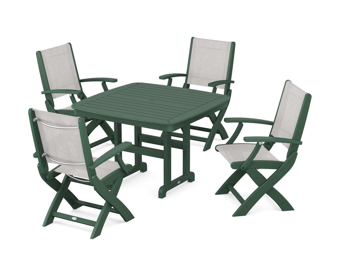 POLYWOOD Coastal Folding Chair 5-Piece Dining Set with Nautical 44" Dining Table in Green / Parchment