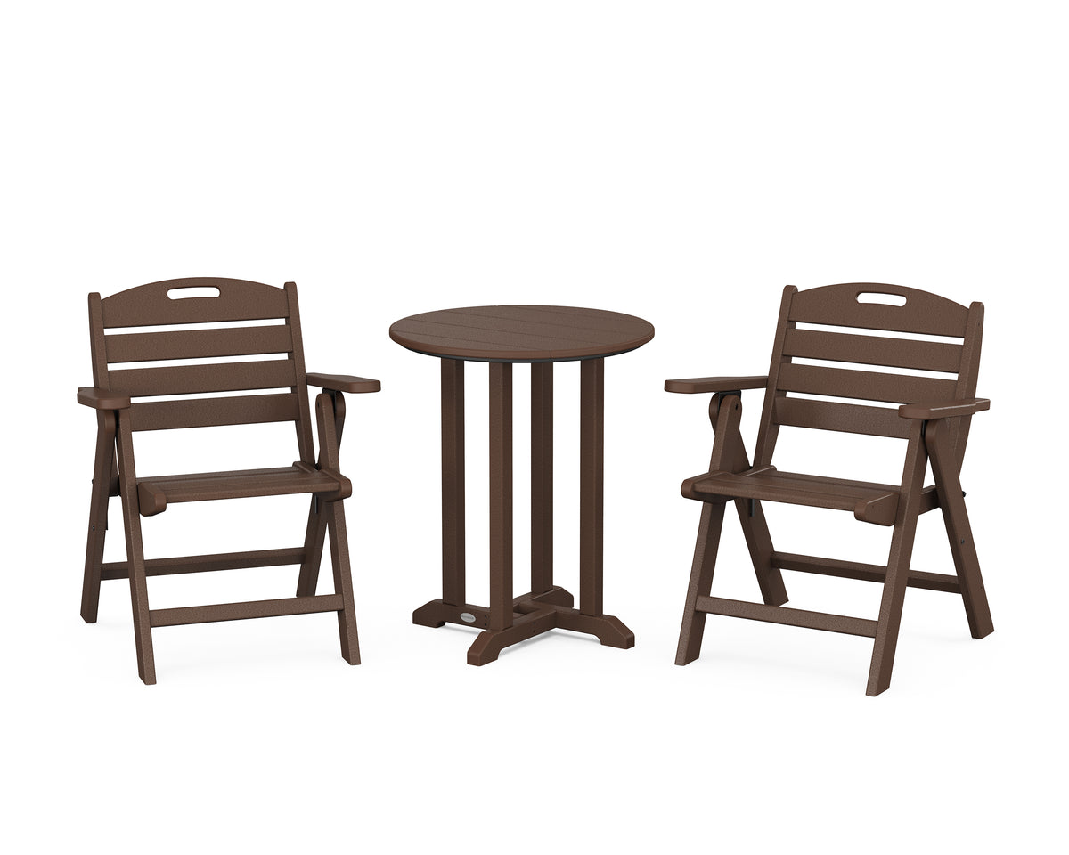 POLYWOOD Nautical Folding Lowback Chair 3-Piece Round Bistro Dining Set in Mahogany