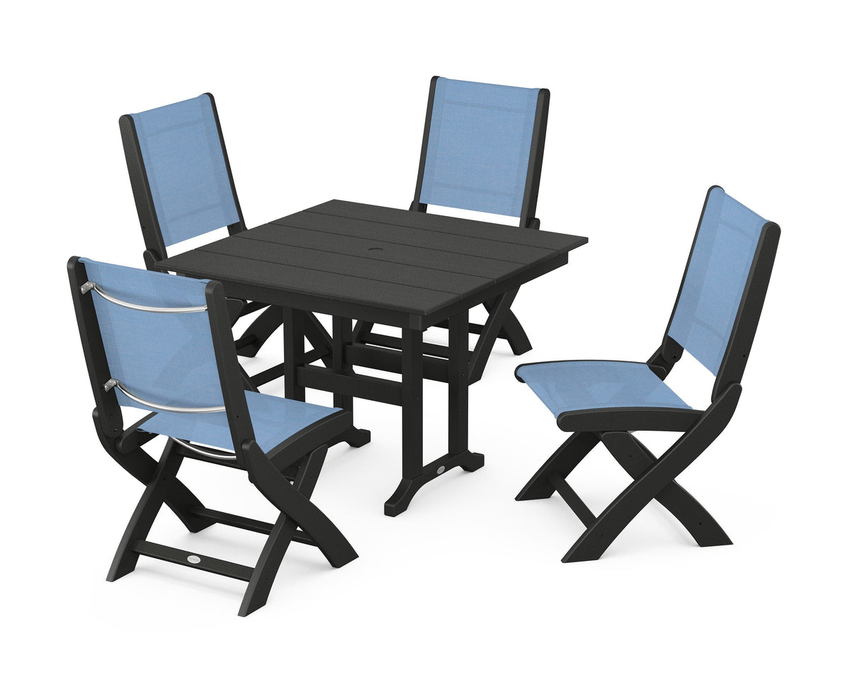 POLYWOOD Coastal Folding Side Chair 5-Piece Farmhouse Dining Set in Black / Poolside