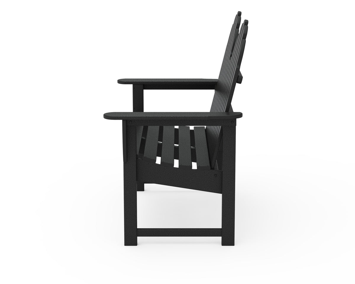 Side profile of the POLYWOOD Classic Adirondack 48" Bench in Black showing its reclined seat