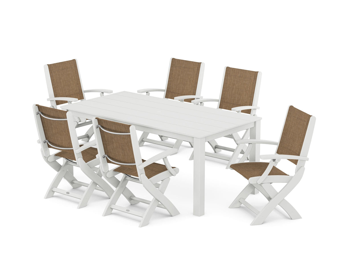 POLYWOOD Coastal Folding Chair 7-Piece Parsons Dining Set in White / Burlap
