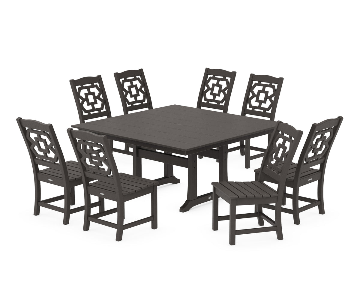 POLYWOOD Chinoiserie 9-Piece Square Farmhouse Side Chair Dining Set with Trestle Legs in Vintage Coffee