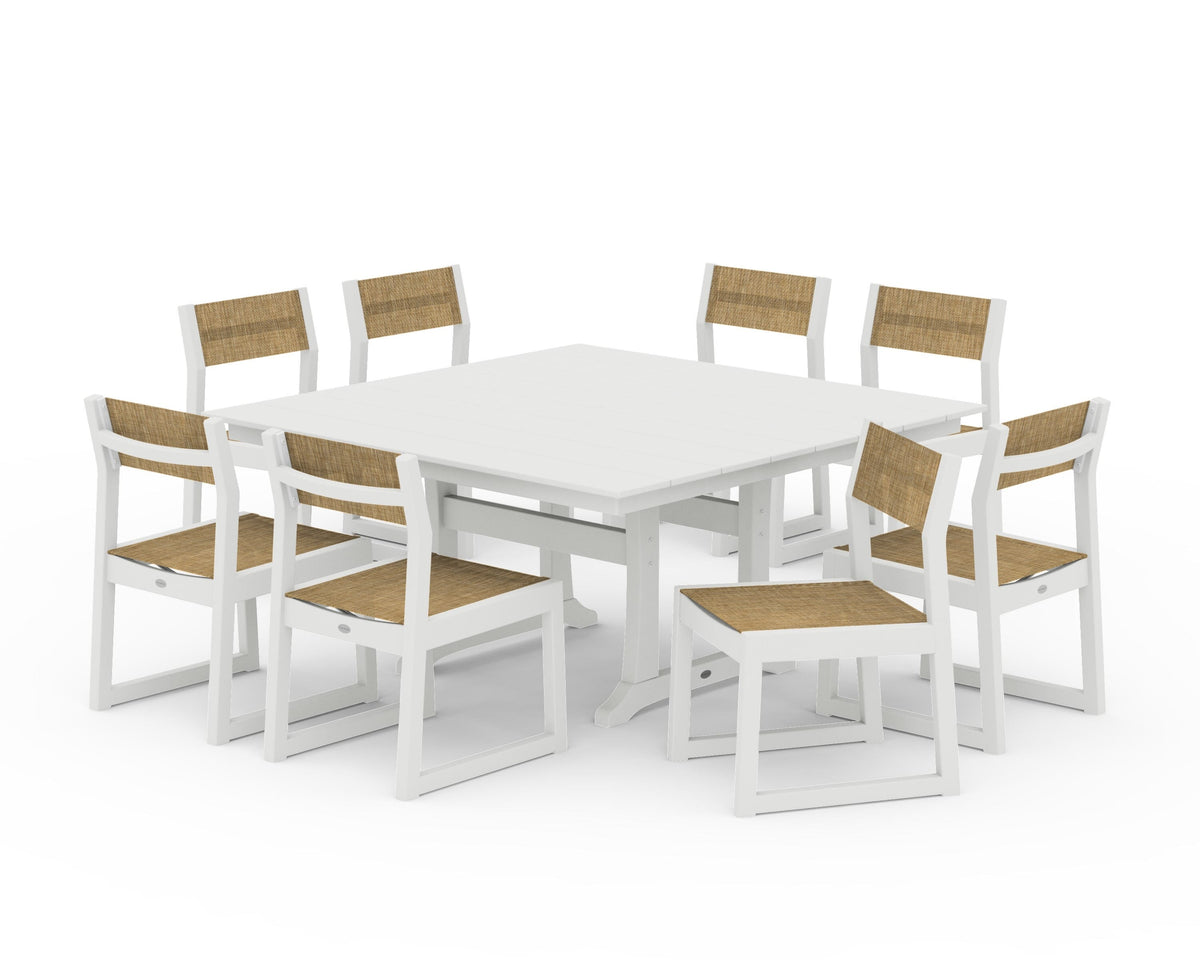POLYWOOD EDGE Sling Side Chair 9-Piece Farmhouse Trestle Dining Set in Vintage White / Burlap