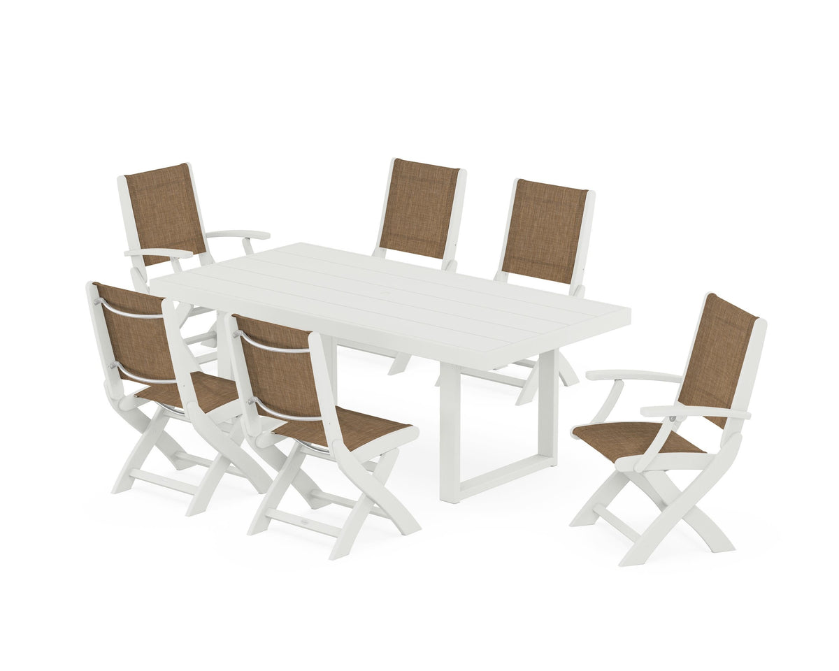 POLYWOOD Coastal Folding Chair 7-Piece Dining Set with Trestle Legs with EDGE 40" x 78" Dining Table in Vintage White / Burlap