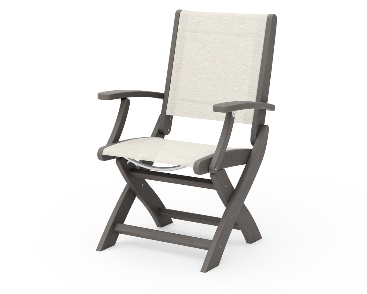 POLYWOOD Coastal Folding Chair in Driftwood with Driftwood arms and Parchment sling