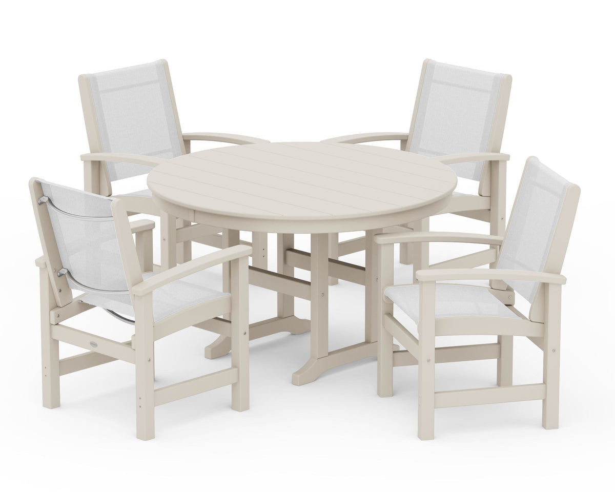 POLYWOOD Coastal 5-Piece Round Farmhouse Dining Set in Sand / White
