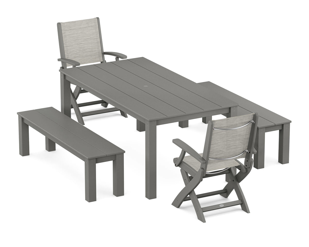 POLYWOOD Coastal Folding Chair 5-Piece Parsons Dining Set with Benches in Slate Grey / Birch