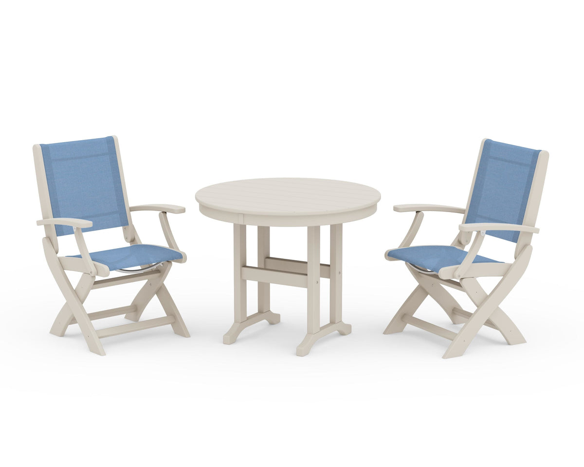 POLYWOOD Coastal Folding Chair 3-Piece Round Dining Set in Sand / Poolside