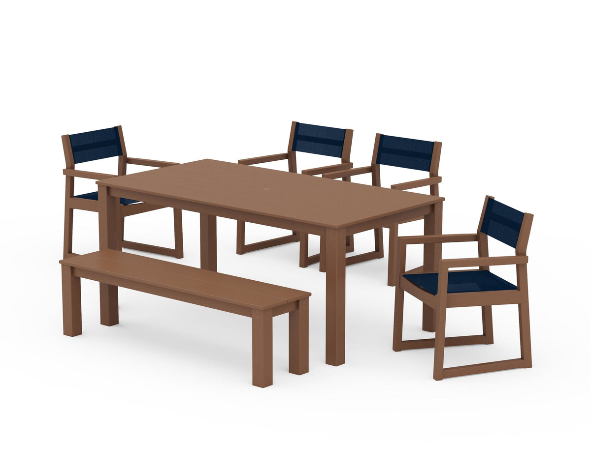 POLYWOOD EDGE Sling Arm Chair 6-Piece Parsons Dining Set with Bench in Teak / Navy Blue