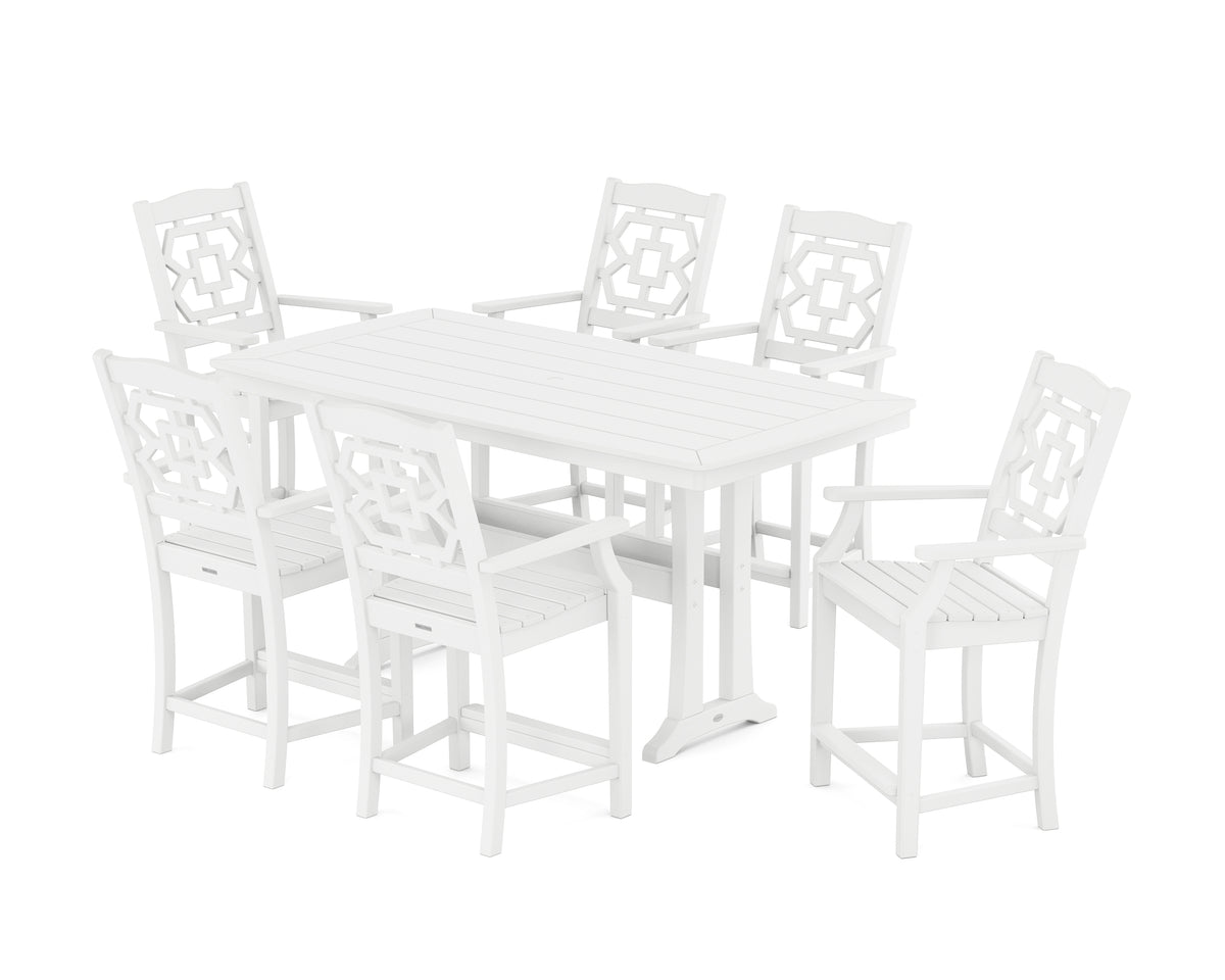 POLYWOOD Chinoiserie Arm Chair 7-Piece Counter Set with Trestle Legs in White