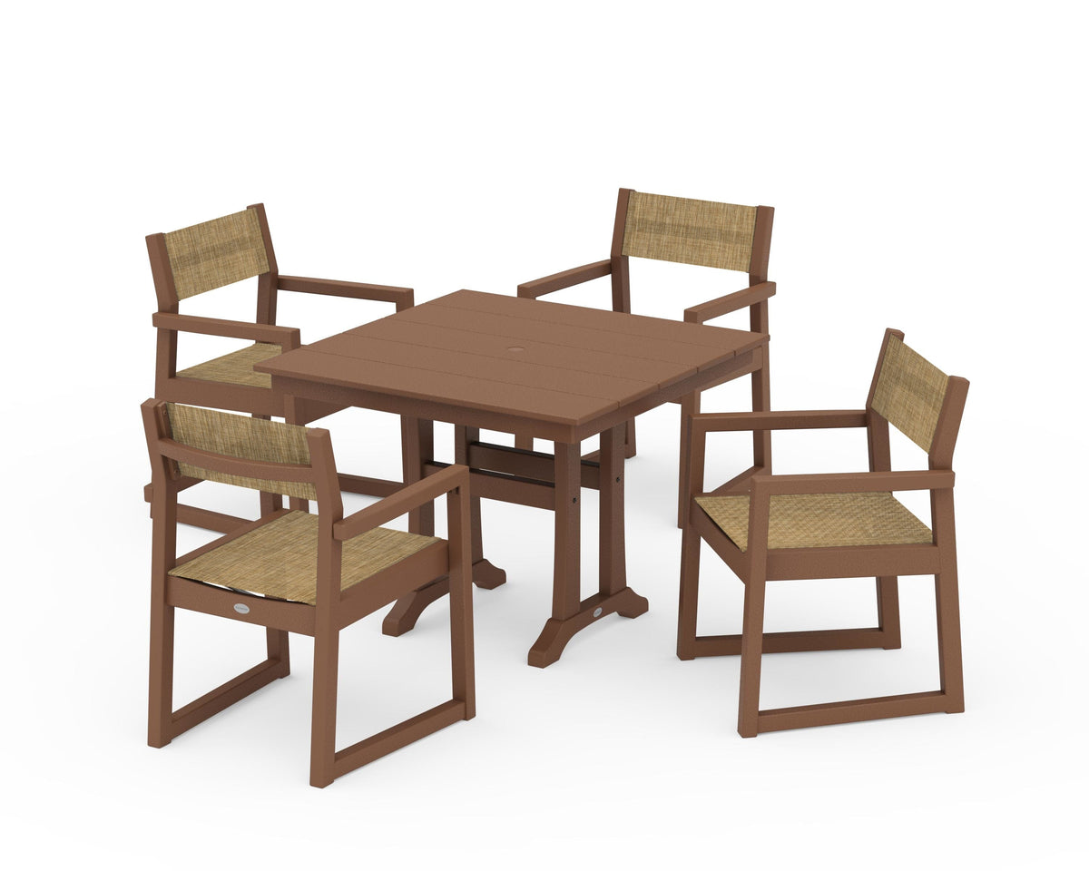 POLYWOOD EDGE Sling 5-Piece Farmhouse Dining Set with Trestle Legs in Teak / Burlap
