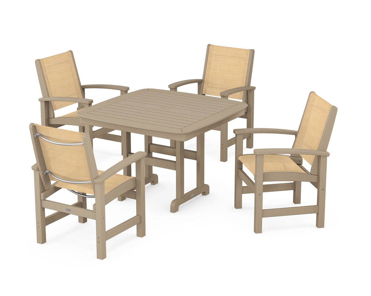 POLYWOOD Coastal 5-Piece Dining Set with Nautical 44" Dining Table in Vintage Sahara / Dupioni Apricot