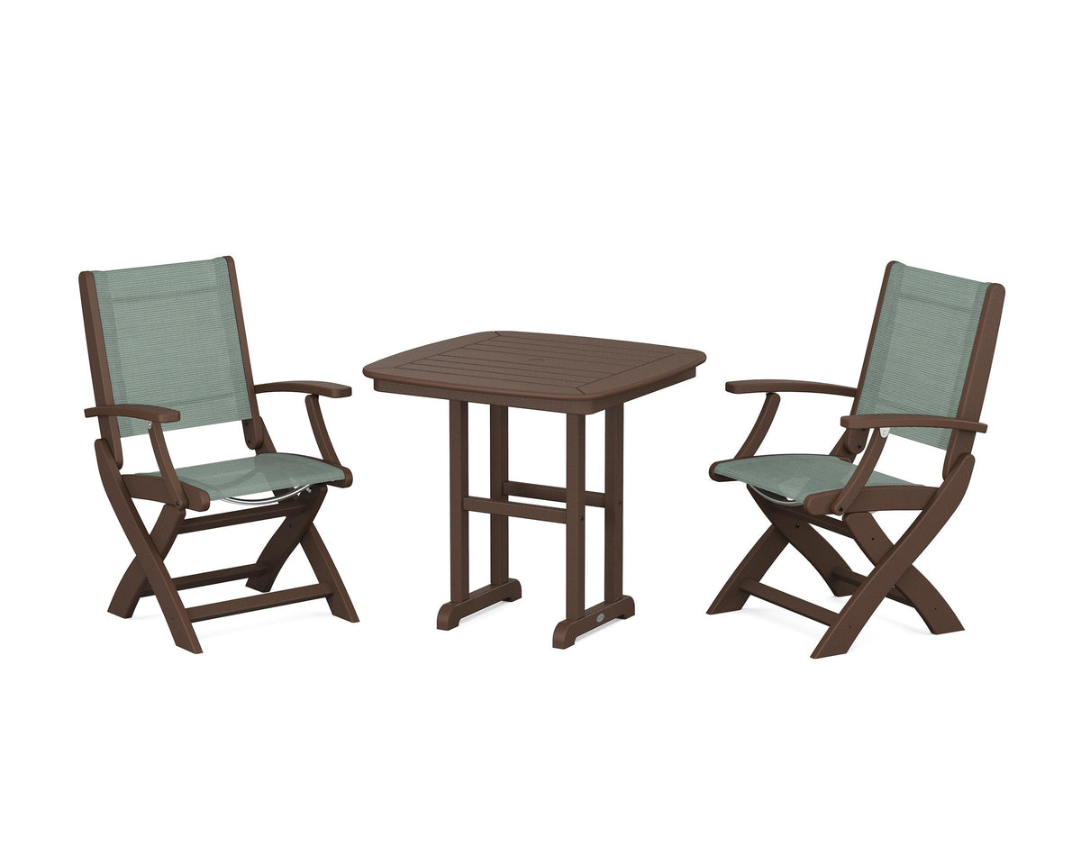 POLYWOOD Coastal Folding Chair 3-Piece Dining Set in Mahogany / Dupioni Sea Mist