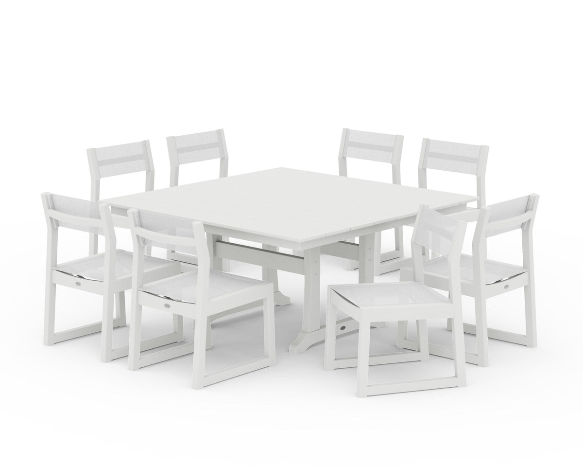 POLYWOOD EDGE Sling Side Chair 9-Piece Farmhouse Trestle Dining Set in Vintage White / White