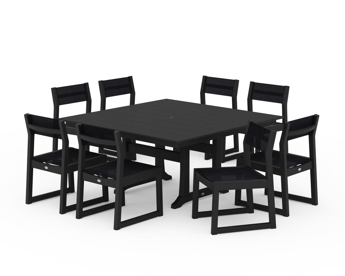 POLYWOOD EDGE Sling Side Chair 9-Piece Farmhouse Trestle Dining Set in Black / Black
