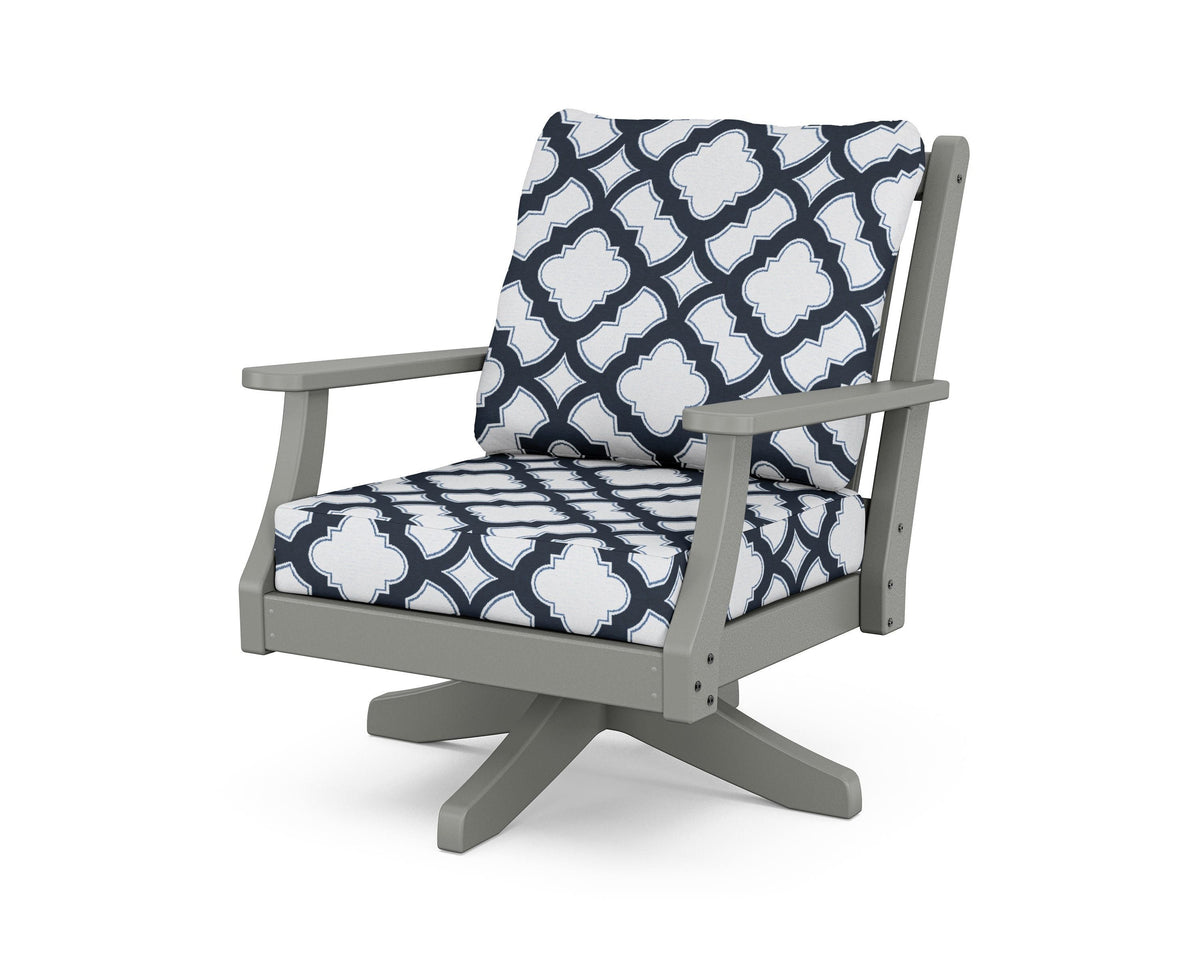 POLYWOOD Wovendale Deep Seating Swivel Chair in Slate Grey / Trellis Marine Indigo