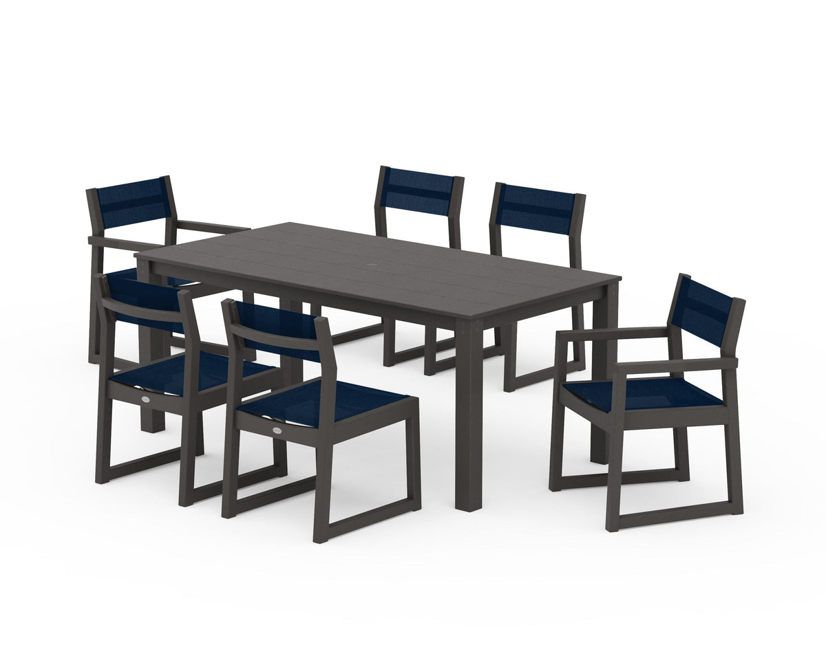 POLYWOOD EDGE Sling 7-Piece Parsons Dining Set in Vintage Coffee / Navy Blue