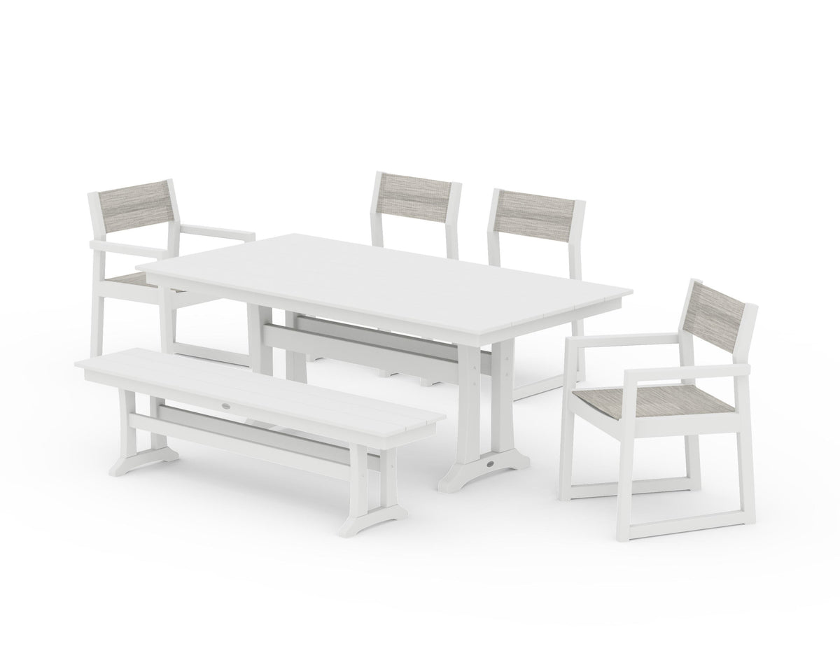 POLYWOOD EDGE Sling 6-Piece Farmhouse Dining Set With Trestle Legs in White / Birch