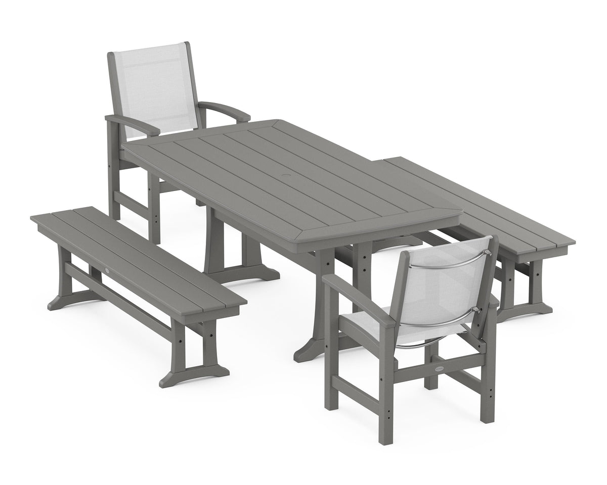 POLYWOOD Coastal 5-Piece Dining Set with Trestle Legs and Benches in Slate Grey / White