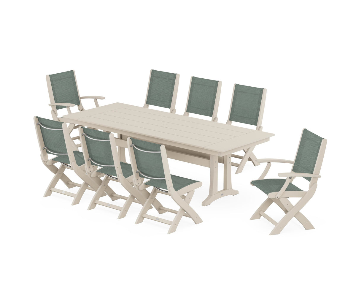 POLYWOOD Coastal 9-Piece Folding Dining Chair Farmhouse Dining Set with Trestle Legs in Sand / Dupioni Sea Mist