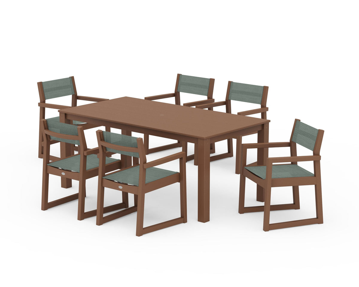 POLYWOOD EDGE Sling Arm Chair 7-Piece Parsons Dining Set in Teak / Dupioni Sea Mist