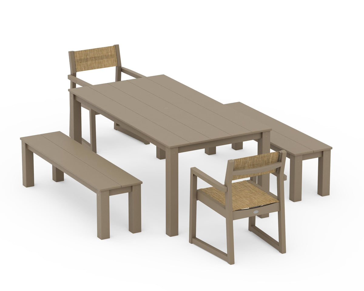 POLYWOOD EDGE Sling Arm Chair 5-Piece Parsons Dining Set with Benches in Vintage Sahara / Burlap