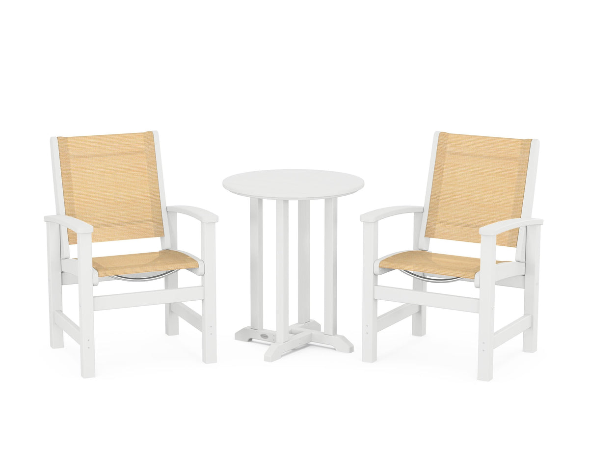 POLYWOOD Coastal 3-Piece Round Bistro Dining Set in White / Dupioni Apricot