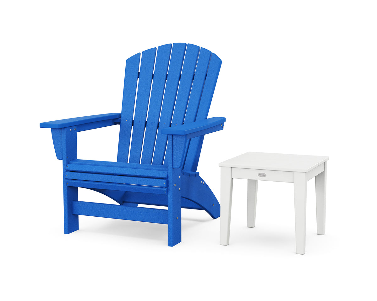 POLYWOOD Nautical Grand Adirondack Chair with Side Table in Pacific Blue / White