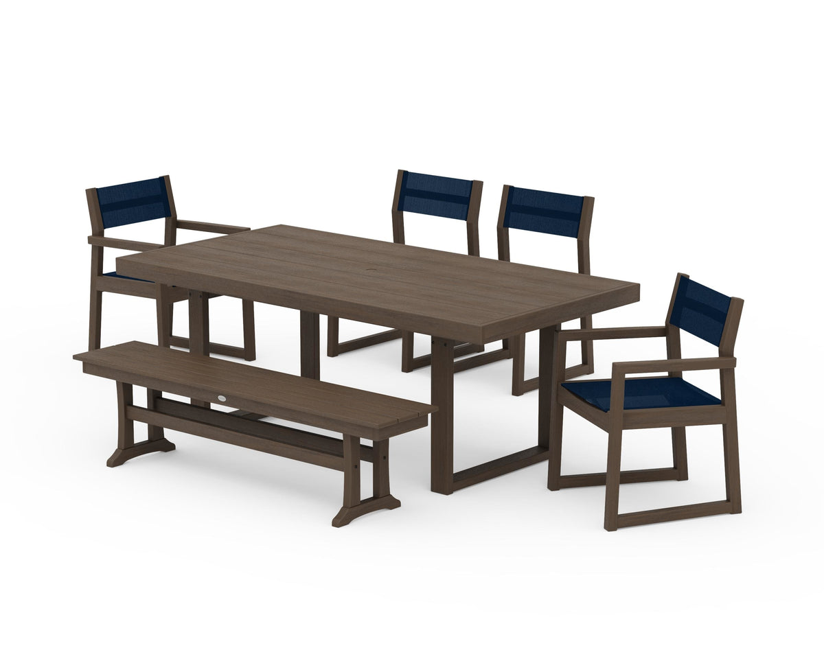 POLYWOOD EDGE Sling 6-Piece Dining Set with Bench in Kona / Navy Blue