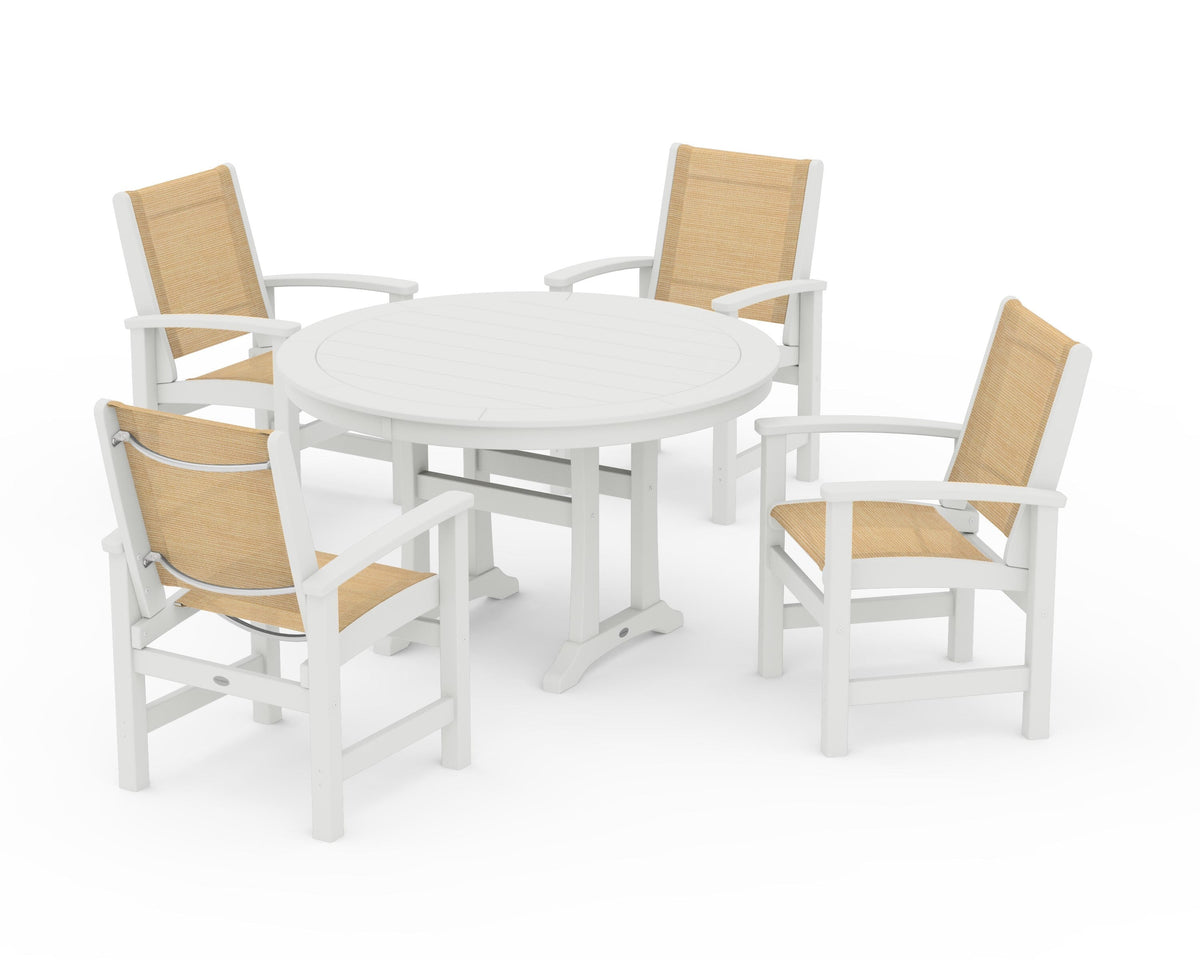 POLYWOOD Coastal 5-Piece Round Dining Set with Trestle Legs in Vintage White / Dupioni Apricot