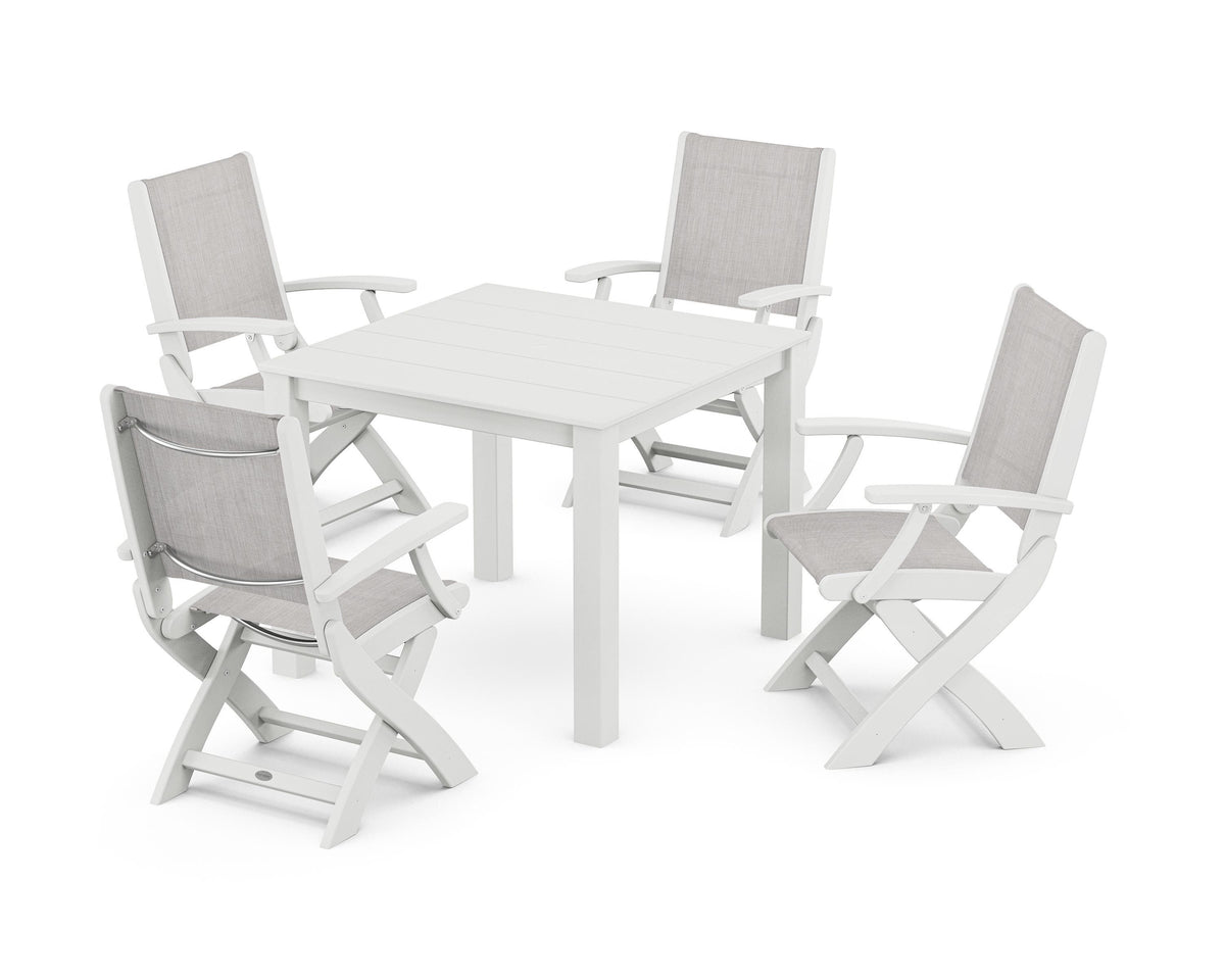 POLYWOOD Coastal Folding Chair 5-Piece Parsons Dining Set in White / Parchment