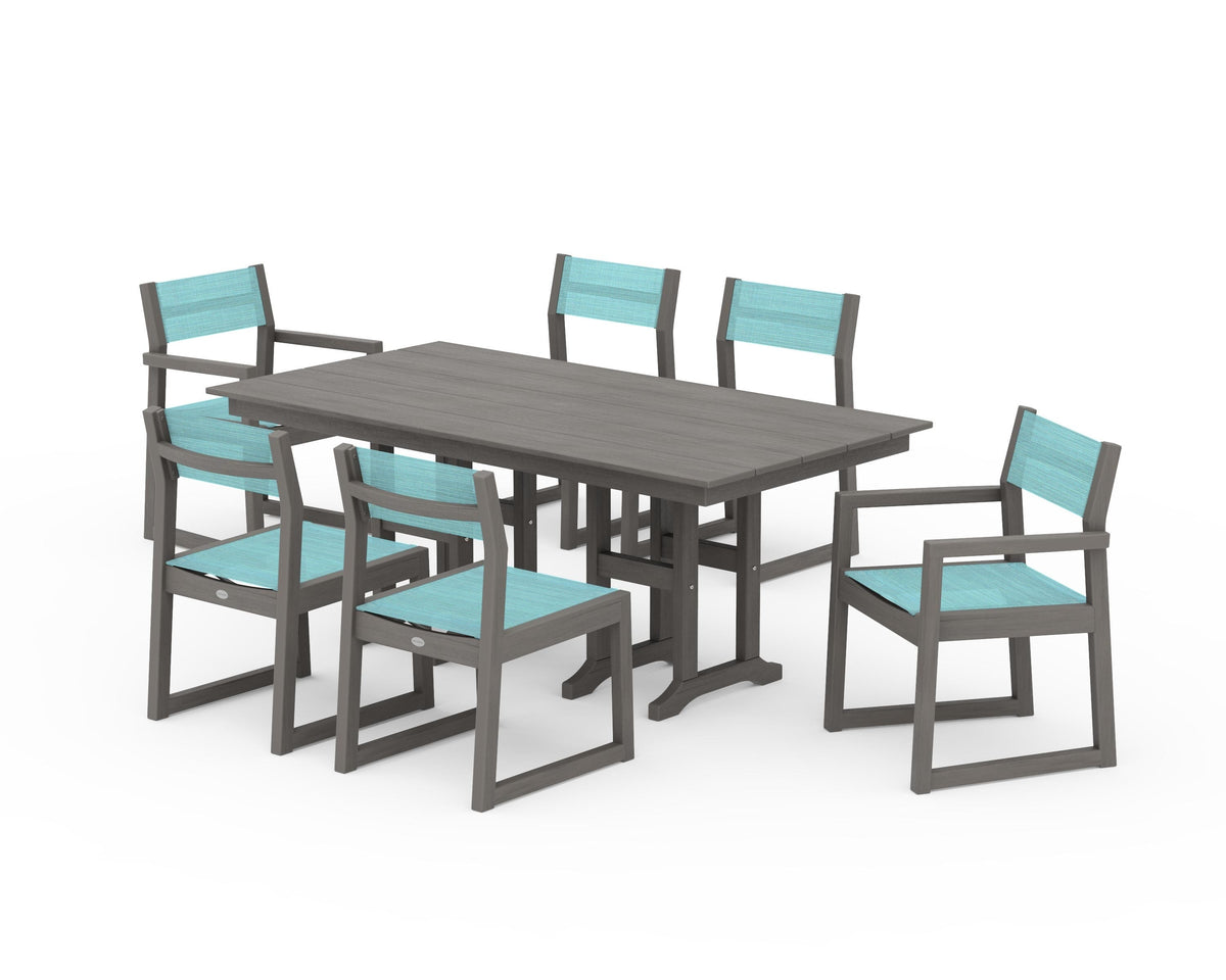 POLYWOOD EDGE Sling 7-Piece Farmhouse Dining Set in Driftwood / Dupioni Aquamarine
