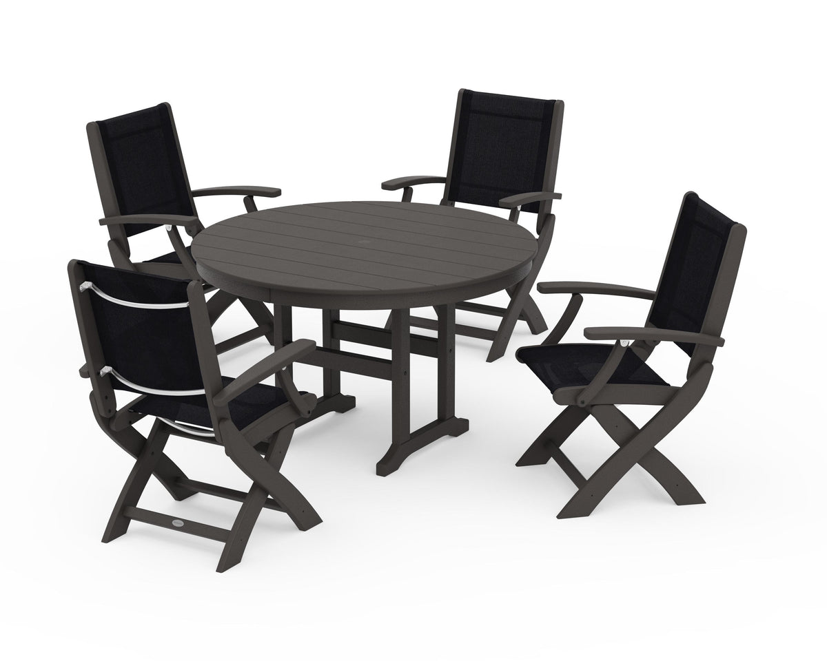 POLYWOOD Coastal Folding Chair 5-Piece Round Dining Set in Vintage Coffee / Black